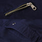 Navy casual jacket zipper and pocket flap detail with metal pull