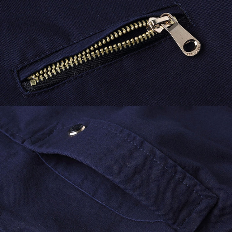 Navy casual jacket zipper and pocket flap detail with metal pull