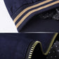 Navy casual jacket ribbed cuff and hem with tan striped trim