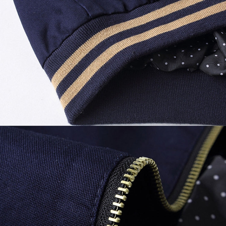 Navy casual jacket ribbed cuff and hem with tan striped trim