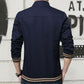 Men's casual jacket back view in navy with stand collar and striped rib cuffs
