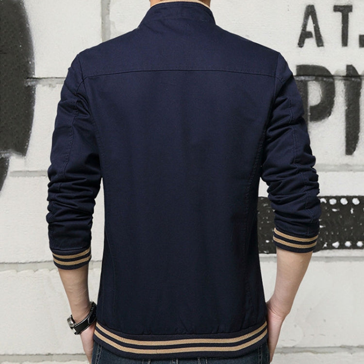 Men's casual jacket back view in navy with stand collar and striped rib cuffs