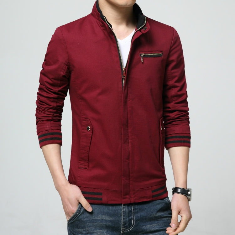 Men's wine red jacket with stand collar, zipper placket, and ribbed cuffs