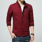 Men's wine red casual coat with chest pocket detail and ribbed striped sleeve cuffs