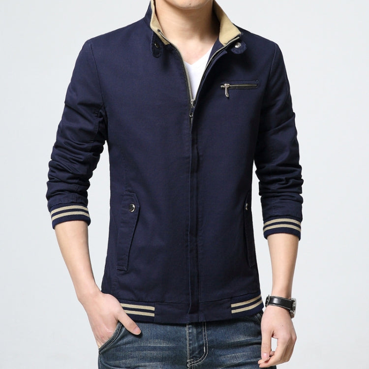 Men's dark navy jacket with front zipper, striped cuffs, and chest pocket with flap