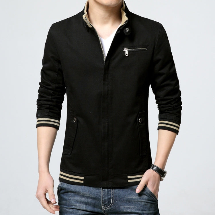 Men's black zip-up jacket with chest pocket and side button pockets, striped hem