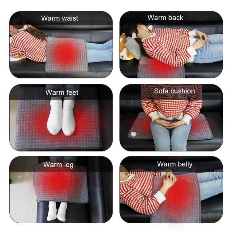 Gray heating pad blanket with warmth areas for waist, back, feet, leg, and belly