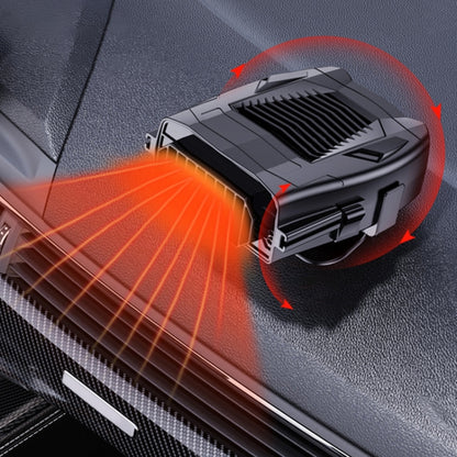 Car 12V heater defogger unit with black housing and vented grille, showing airflow arrows