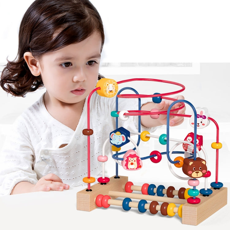 Multifunctional bead maze toy on wooden base with animal loop tracks, shown with child