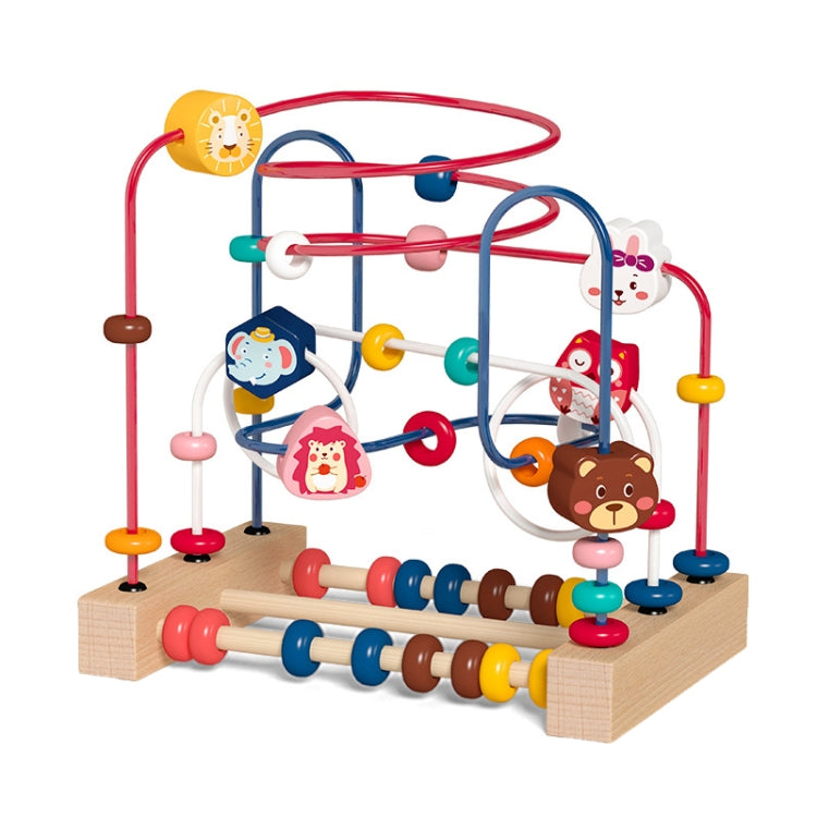 Multifunctional wooden bead maze toy with animal-themed cutouts and colorful circular rails