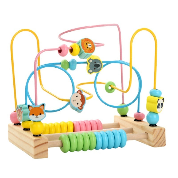 Wooden bead maze activity toy with colorful animal bead figures and curved looping handles