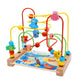 Wooden bead maze activity toy with colorful animal track pieces and a printed activity mat