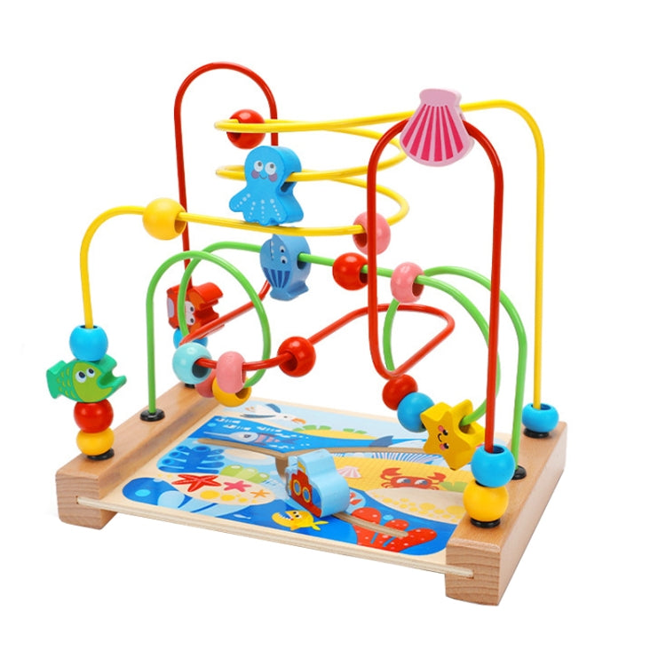 Wooden bead maze activity toy with colorful animal track pieces and a printed activity mat