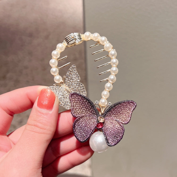 Purple glitter butterfly hair clip with pearl beaded frame, comb teeth, and pearl drop