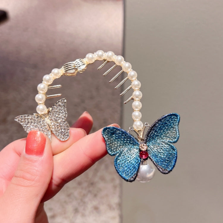 Blue butterfly hair clip with rhinestone star details, pearl frame, comb teeth, pearl drop