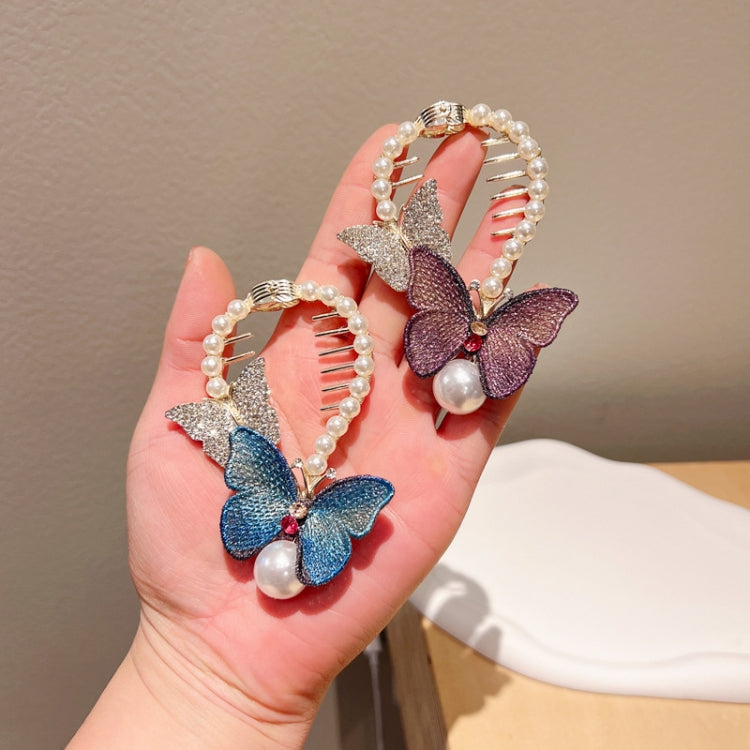 Set of two butterfly hair clips in blue and purple with pearl frames and comb teeth