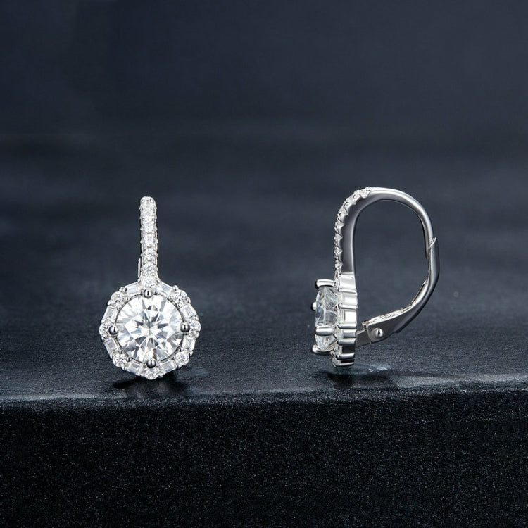 Silver lever-back earrings with round center stone and halo of small crystals