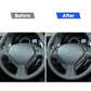 Steering wheel trim stickers with carbon-fiber pattern accents, before and after