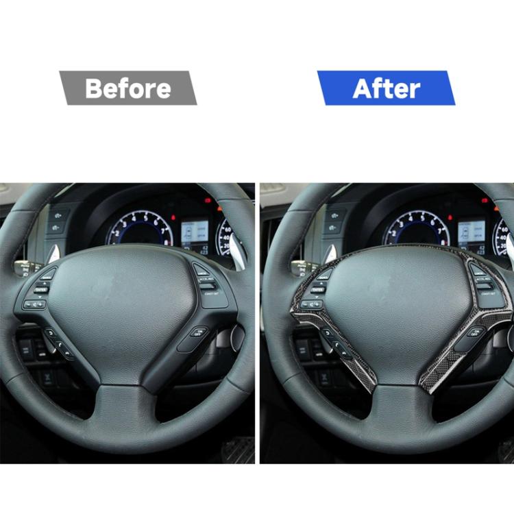 Steering wheel trim stickers with carbon-fiber pattern accents, before and after