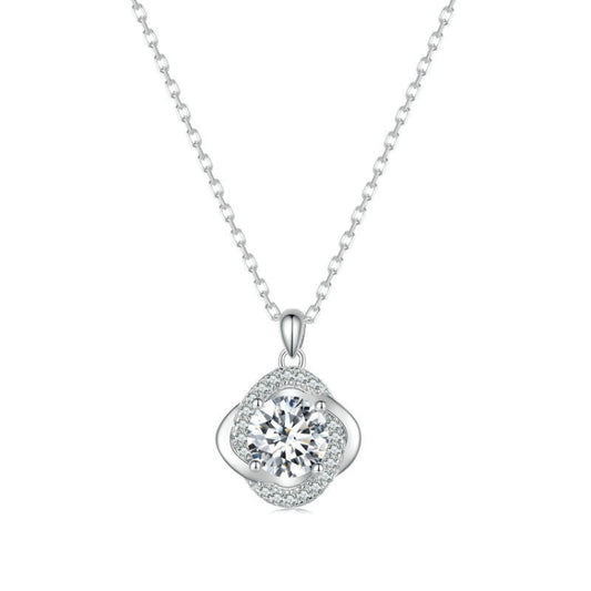 White gold plated moissanite pendant necklace with round halo center stone