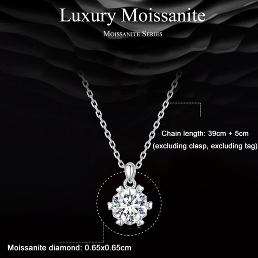 Round moissanite pendant with prong-like setting, suspended on silver chain