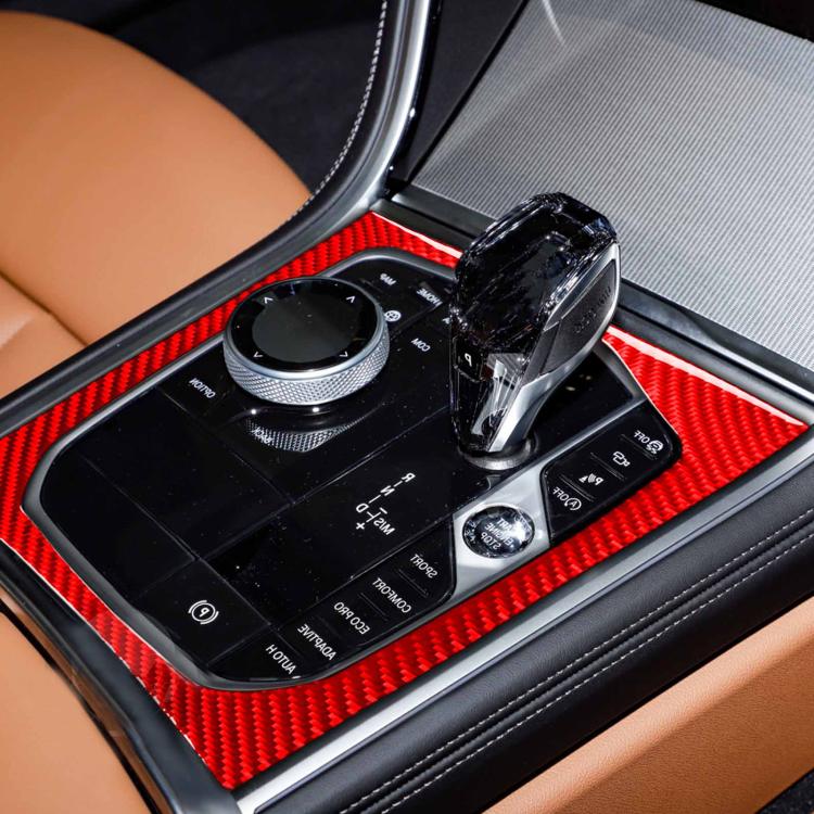 Installed central control shift panel frame sticker, red carbon-fiber surround around controls
