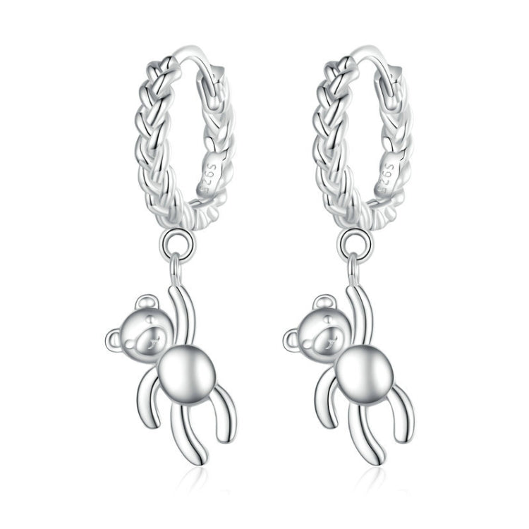 Silver-tone twist hoop earrings with dangling bear charms and linked chain drop
