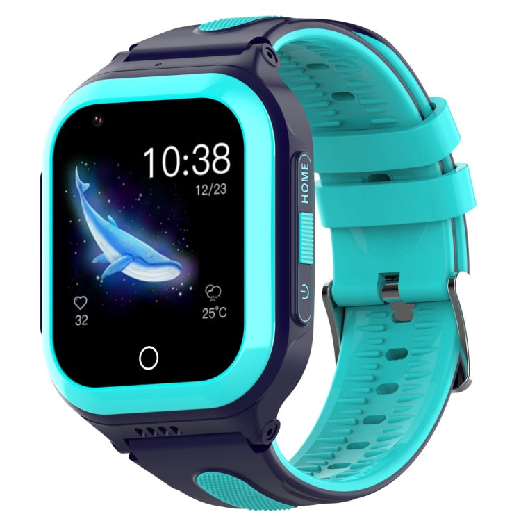 Blue kids GPS smartwatch with touchscreen, teal sport strap, and side controls