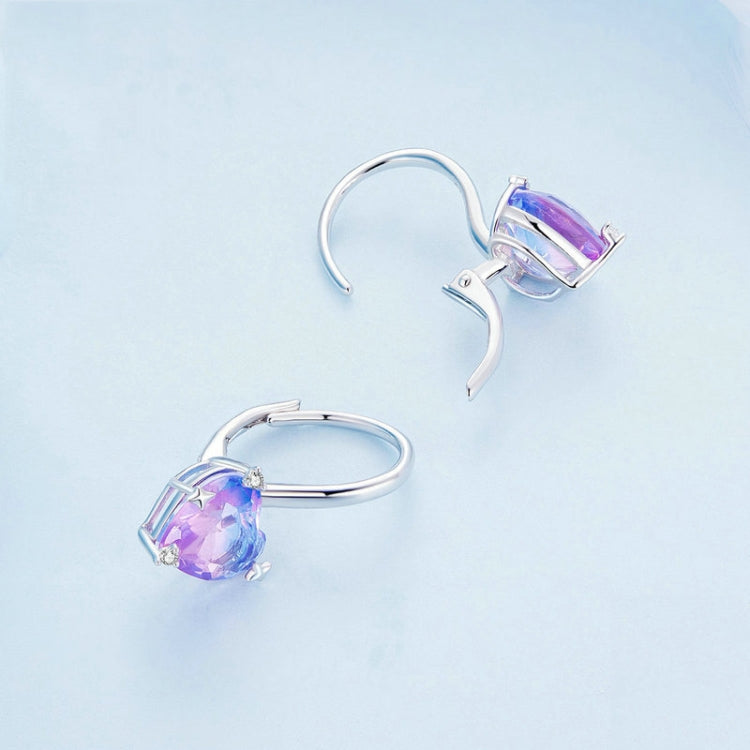Purple heart-shaped zirconia illusion hoop earrings with prong settings