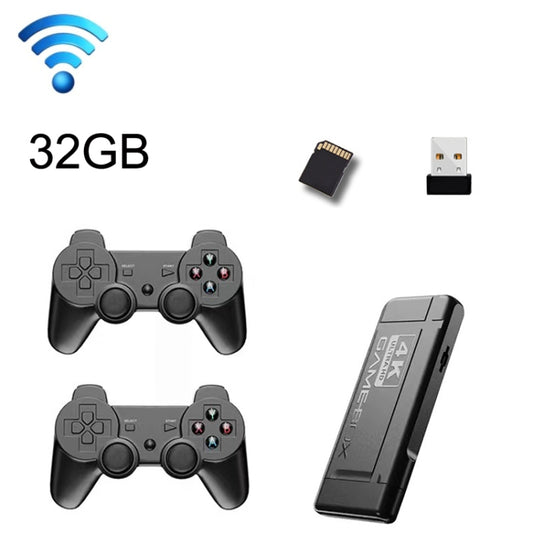 Portable retro game console with two black wireless game controllers and memory card