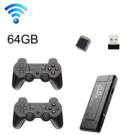 Portable retro game console with two black wireless game controllers and attached memory card