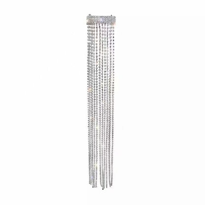 Diamond rhinestone chain fringe hair band with silver-toned dangling strands.