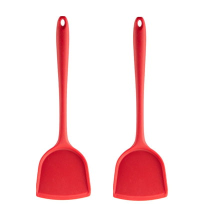 Red silicone spatula with loop handle, nonstick high-heat cooking utensil.
