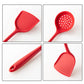 Red silicone cooking tool set: scoop, slotted spoon, spatula, and ladle.