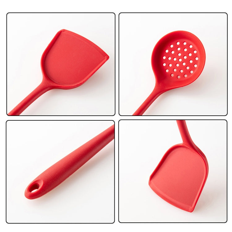 Red silicone cooking tool set: scoop, slotted spoon, spatula, and ladle.