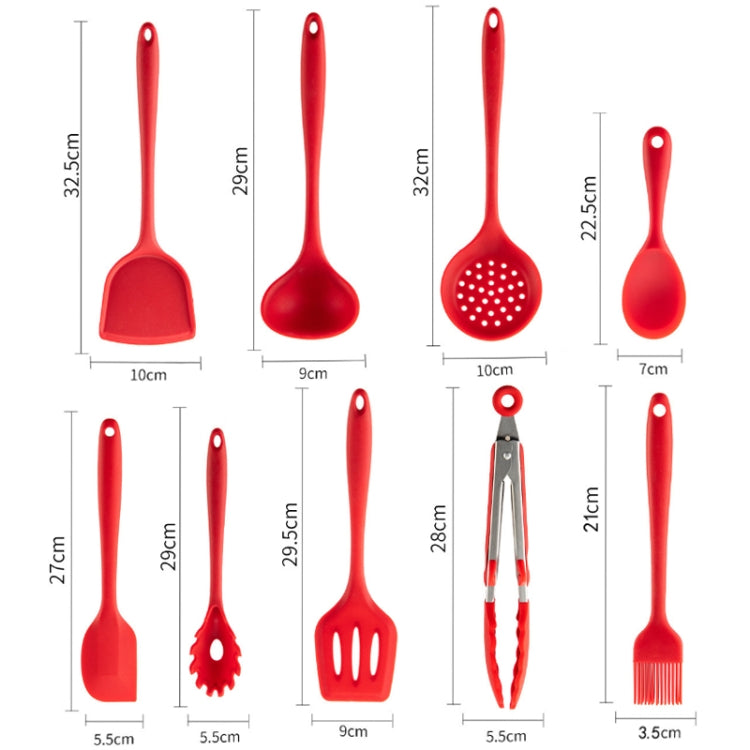 Red silicone cooking utensils size chart layout with multiple spatulas, spoons, and tongs.