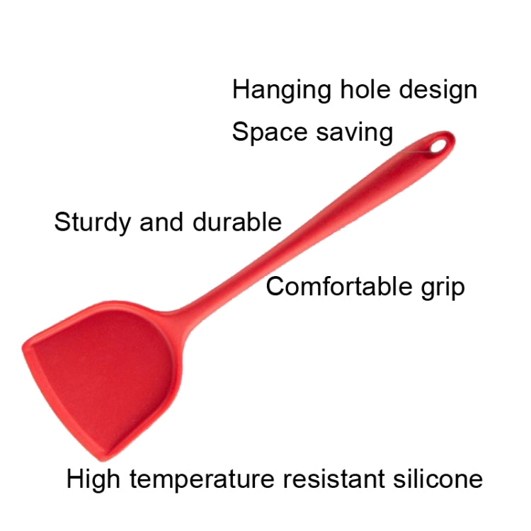 Red silicone cooking spatula with hanging hole and comfortable grip.