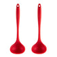 Red silicone soup spoon with solid bowl and loop handle, nonstick cooking utensil.