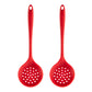 Red silicone slotted skimmer spoon with perforated head and loop handle.