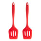 Red silicone leak shovel spoon with three-slot head and loop handle.