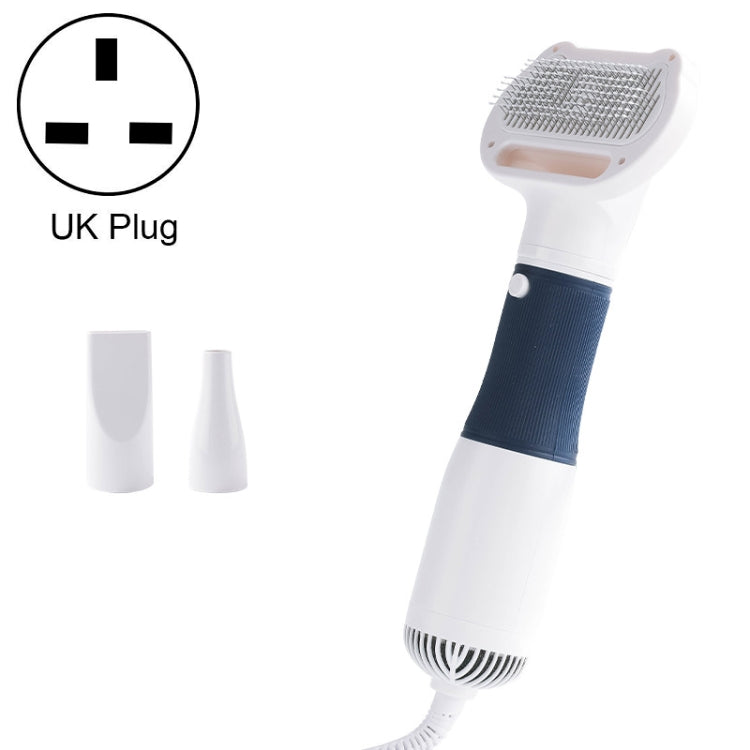 Pet hair removal blowing comb, white body with dark navy grip and gray comb head