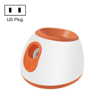 Interactive tennis ball launcher with US plug connector, white and orange design.
