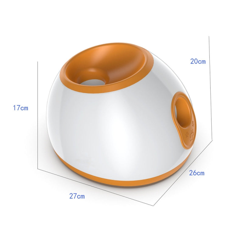 White and orange tennis ball launcher with top bowl and side launcher opening.