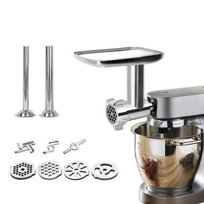 KENWOOD Chef stainless steel grinder attachment with discs, blade, and stuffing tubes