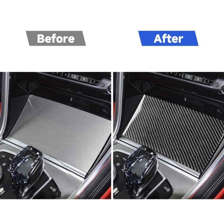 Black carbon-fiber style sliding storage panel sticker installed in car console