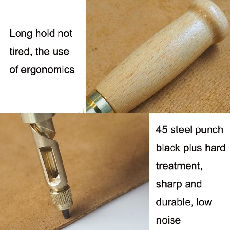 Close-up belt punch tip pressing into material on a work surface