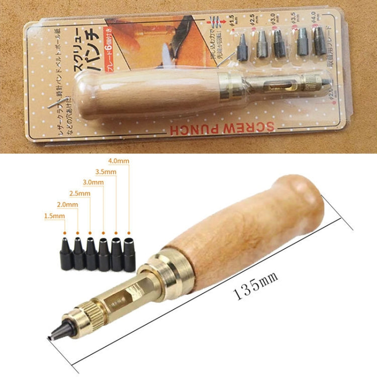 Belt punch tool kit with wood handle, clear package, and black punch dies