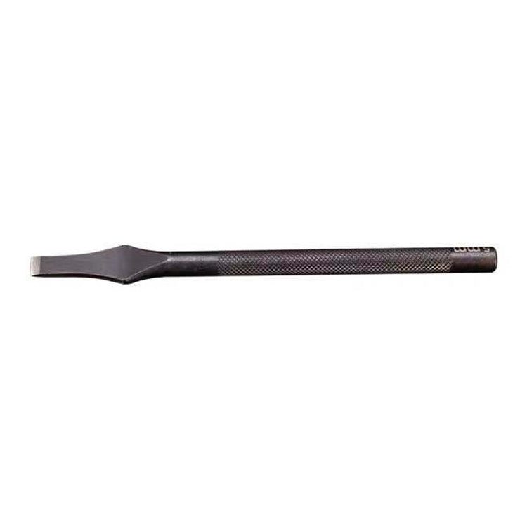 Black leather cutting punch tool with textured grip and flat chisel-style cutting head