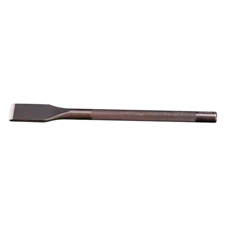 Leather cutting punch tool with dark textured handle and flat chisel blade