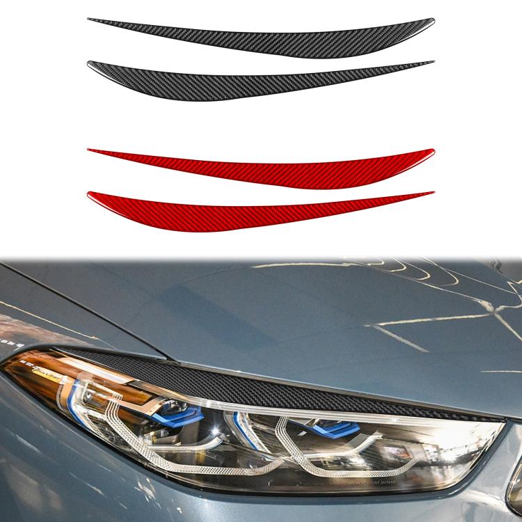 Carbon-fiber headlight eyebrow sticker set, black and red curved 2-piece strips